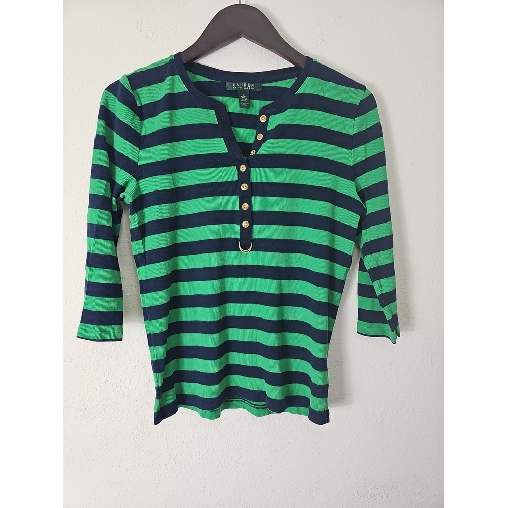 Ralph Lauren Women's Henley Striped‎  Navy Green Gold Button  Size L